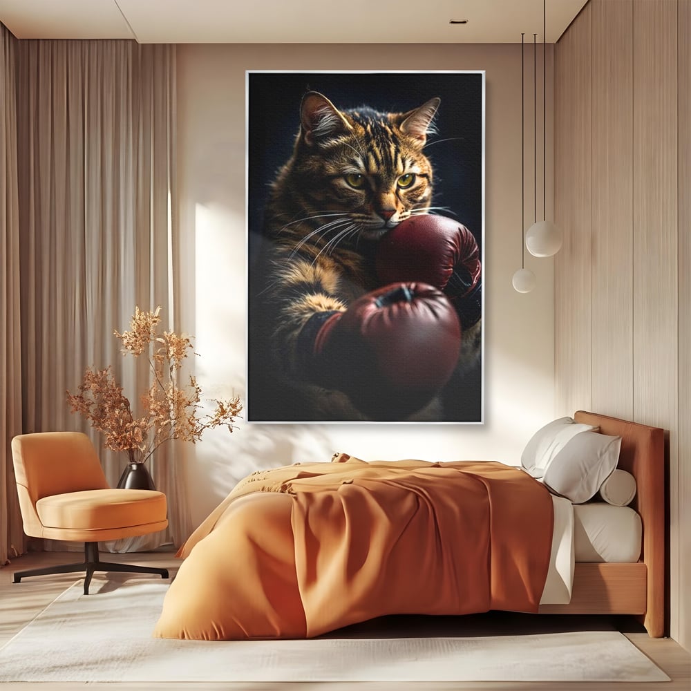 Tablou canvas cu tablou canvas cu motan boxer, in rama de aluminiu argintiu, pe perete intr-un dormitor
